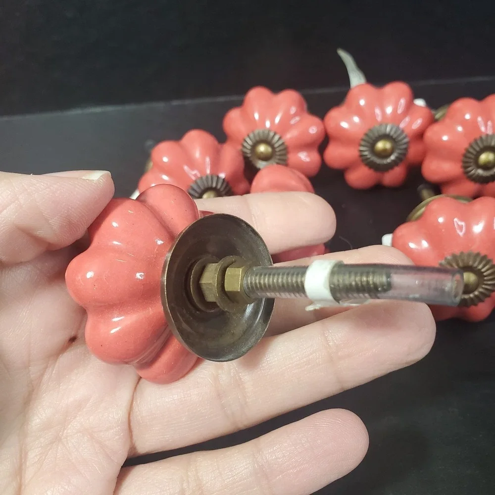 Pier 1 Pumpkin /Flower Shape Ceramic Cabinet Knobs (7) Drawer Pulls Melon Brass